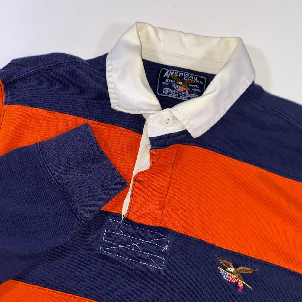 American Living Mens Rugby Shirt Orange Navy Blue Striped Long Sleeve Eagle L